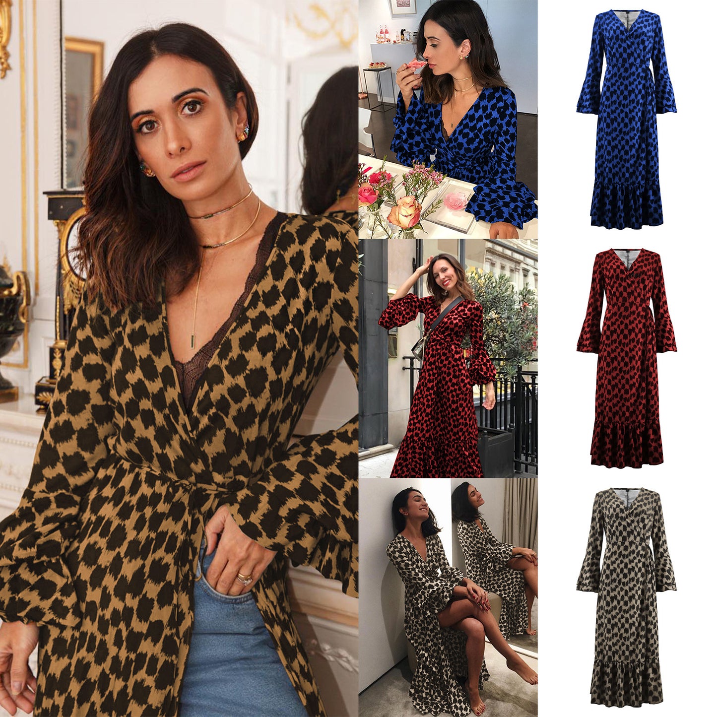 Leopard print maxi dress with flared sleeves