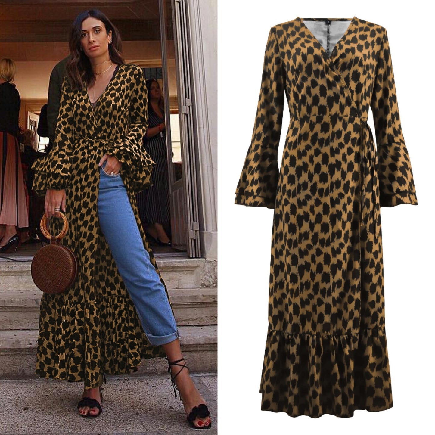 Leopard print maxi dress with flared sleeves