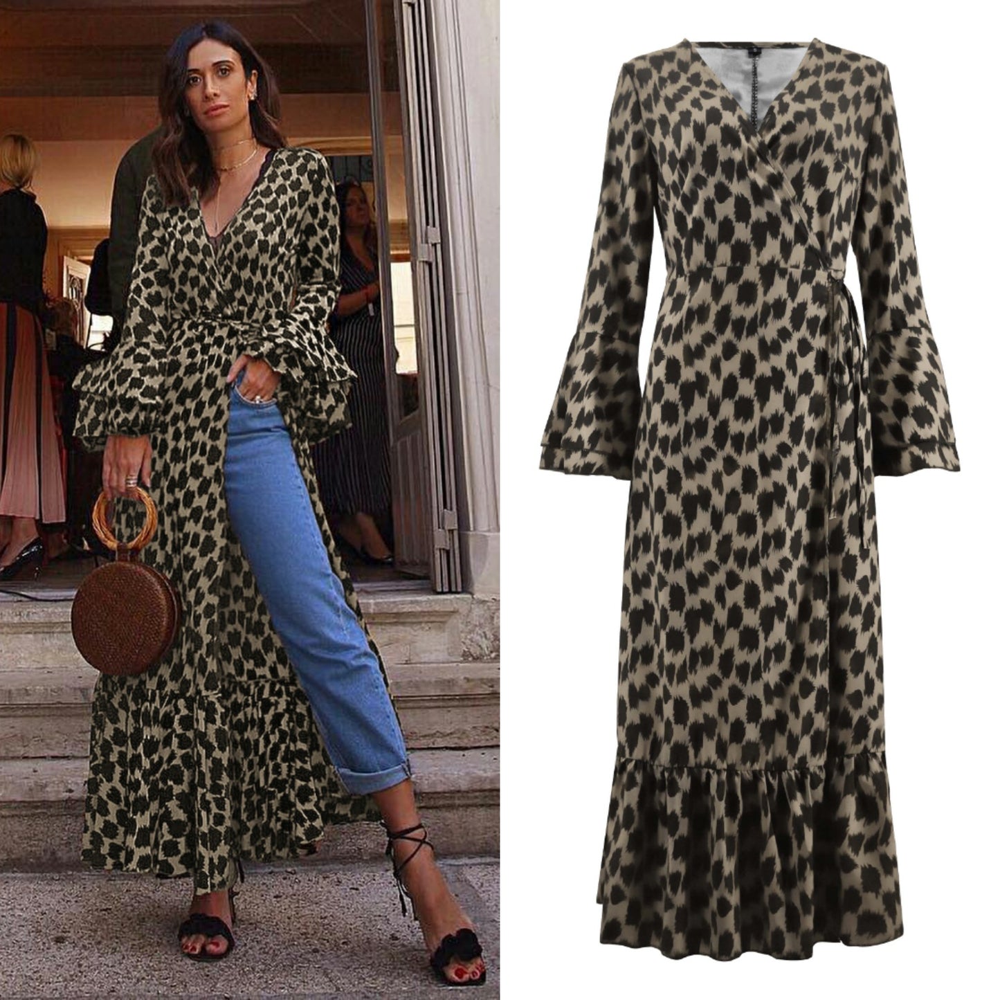 Leopard print maxi dress with flared sleeves