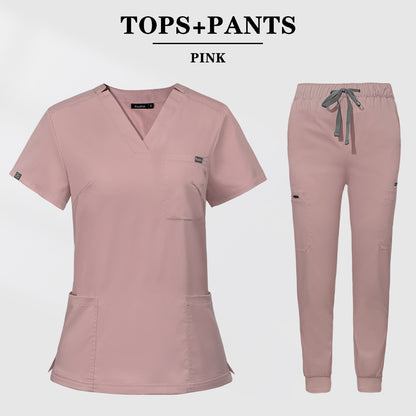 Women's Nursing Scrubs Short Sleeve Tops+Pants